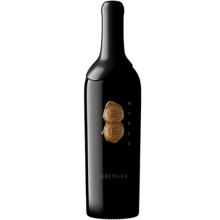 Black wine bottle with gold emblem and 'Beringer' branding on a white background