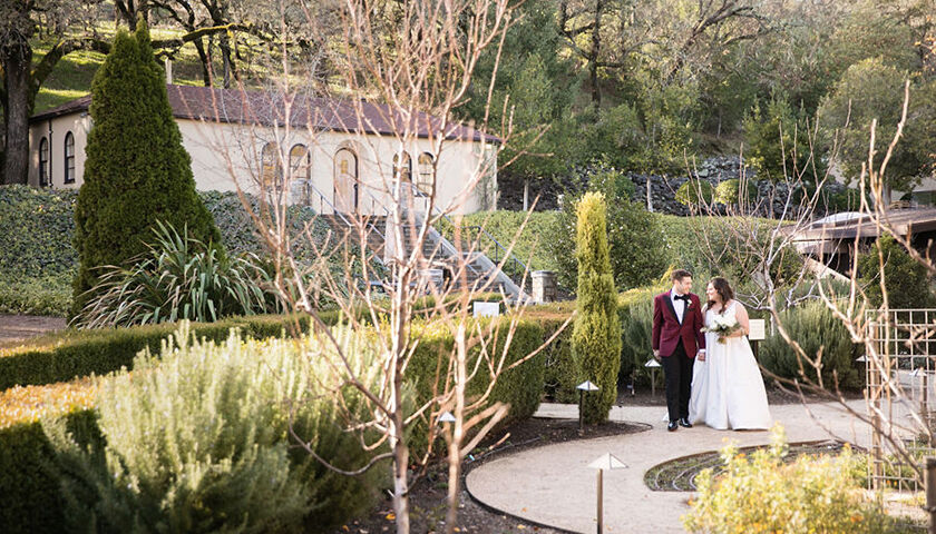 Bride and groom in the winery sensory garden