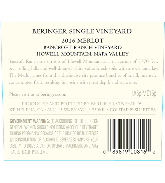 2016 Beringer Bancroft Ranch Howell Mountain Merlot Back Label