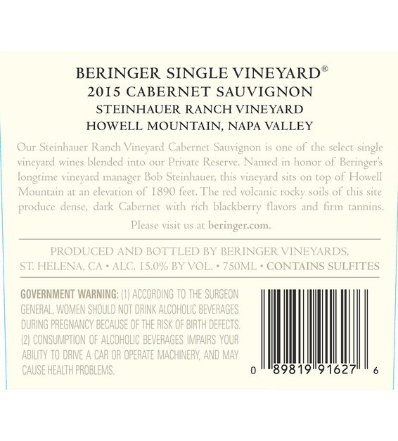 2015 Beringer Steinhauer Ranch Howell Mountain Cabernet Sauvignon Back Label