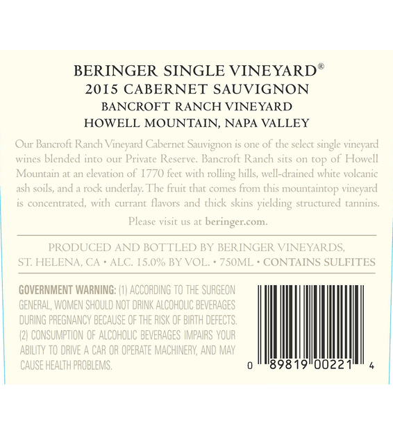 2015 Beringer Bancroft Ranch Howell Mountain Cabernet Sauvignon Back Label