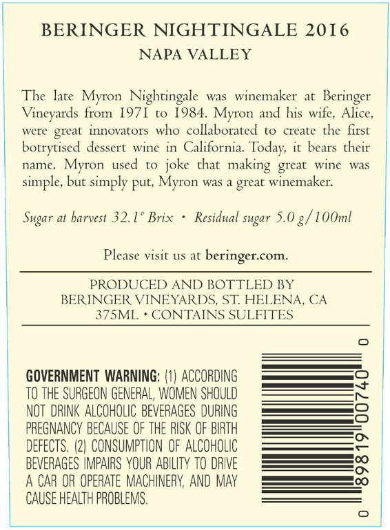 2016 Beringer Nightingale Napa Valley Semillon Sauvignon Blanc Back Label