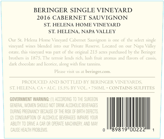 2016 Beringer St Helena Home Vineyard Cabernet Sauvignon Back Label