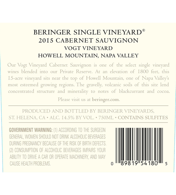 2015 Beringer Vogt Vineyard Howell Mountain Cabernet Sauvignon Back Label